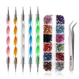 point tweezers UK - Nail Art Decorations Point Drill Clip Set 12 Grid Color Diamond Jewelry Pen Stainless Steel Tweezers Three-piece