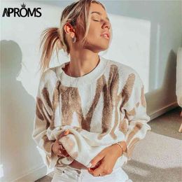 Aproms Korean Fashion Khaki Stripes Print Loose Sweaters Women Winter Hip-Pop Oversized Long Pullovers Streetwear Outerwear 210914