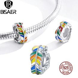 stopper charms for bracelets Australia - BISAER Colorful Feather Spacer 925 Sterling Silver Silicone Stopper Rainbow Charms Fit Bracelet DIY Jewelry Accessories EFC305 Q0531