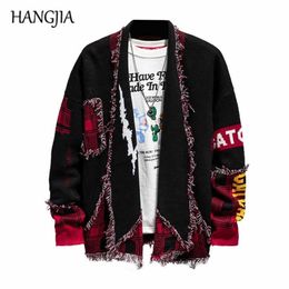 Hip Hop Colorblock Tassel Cardigan Sweater Harajuku Streetwear Patch Cardigans Outwear Men Raw Edges Plaid Knitted Sweaters 211102