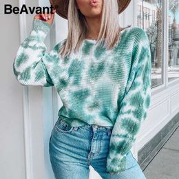 Beavent Chic knitted ladies sweater Colorful printed women streetwear pullover Basic batwing sleeve autumn outwear tops 210709