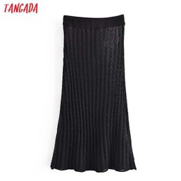 Tangada Women Black Hollow Out Midi Skirt Faldas Mujer Vintage Sexy Ladies Elegant Chic Mid Calf Skirts SW33 210609