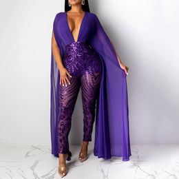 sequined jumpsuits UK - Women's Jumpsuits & Rompers Women Sexy Sequin Jumpsuit Fall V-Neck Long Sleeve Patchwork Chiffon Bodycon Womens Bodysuit Night Club Party Ov
