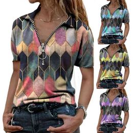 Ladies Polo T-shirt Retro Print Half-Zip V-Neck Short Sleeve Plus Size Tops Summer Casual Slim Street Blue 210623