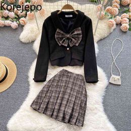Korejepo College Style Woolen Suit Women's Autumn and Winter Two-piece Set Sweet Bow Coat + Plaid Pleated Skirt Fashion 211119