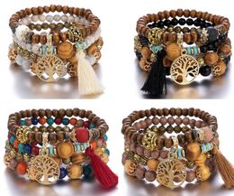 5 styles Multilayer Wood Beads Strands Tassel Tree Of Life Charm Bracelets Bohemian Beach Style Bangles For Women Gift Wrist Mala Bracelet Wholesale