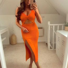 Vintage Women Orange Knitted Slim Dresses Summer Fashion Ladies High Waist Midi Dress Party Girls Chic Bodycon 210527