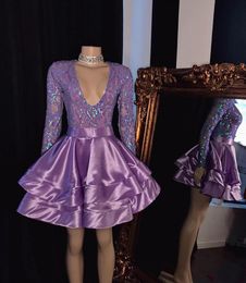 purple short africa black girl prom dress glitter sequin top long sleeve aline mini prom dresses