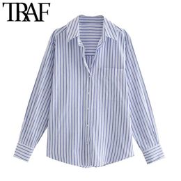 TRAF Women Fashion Office Wear Striped Loose Blouses Vintage Long Sleeve Pockets Female Shirts Chic Tops 210721