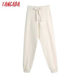 Tangada Women Chic Fashion Beige Knitted Pants Vintage High Waist with Drawstring Female Ankle Trousers BE352 210609
