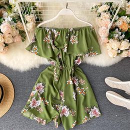 Women's Jumpsuits & Rompers Ruffles Patchwork One Word Collar Sexy Woman Short 2021 Summer Fashion Printed Female Beach Style Bodysuit