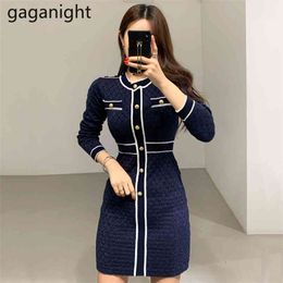 Spring Autumn Women Knitted Dress Single Breasted Argyle Lady Slim Bodycon Party es Long Sleeve Mini Club 210601