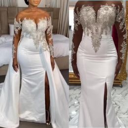 African Plus Size Wedding Dresses With Detachable Train Sheer Beads Side Slit Mermaid Wedding Dress Satin Bridal Gowns robe de mariee