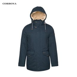 CORBONA High Quality Warm Cotton Clothing Men's Jacket Business Casual Mid-Length Fashion Thicken Coat Lamb Wool in Hat 211104