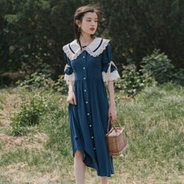 Casual Dresses French Vintage Dress Women 2021 Vestido Summer Short-Sleeved Lace Stitching Doll Collar Sweet Kawaii Female Temperament