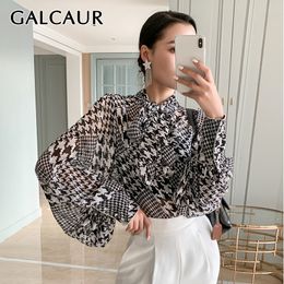 GALCAUR Irregular Print Patchwork Plaid Shirt For Women O Neck Batwing Sleeve Lace Up Diamond Blouse Female Autumn Fashion 210225
