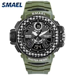 Men Watches 2019 Luxury Brand Smael Digital Wristwatches Men Clock Army Green Waterproof Dual Time 8014 Sport Watches Military Q0524