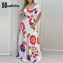 Floral Print Lace-up Backless Crop Top & Maxi Skirt Sets Sexy Summer Women Two Piece Set 210730