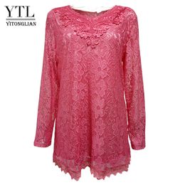 YTL Women Plus Size Retro Solid Pink Floral Lace Blouse Long Sleeve V Neck Crochet Tunic Top Ladies Shirts Tee 6XL 7XL 8XL H026 210225