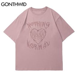 GONTHWID Tees Shirts Streetwear Embroidery Fire Flame Heart Casual Cotton Tshirts Men Hip Hop Harajuku Short Sleeve T-Shirt Tops C0315