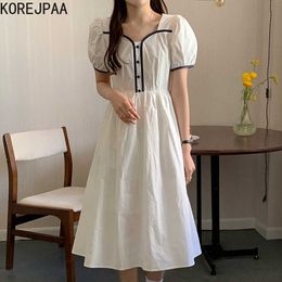 Korejpaa Women Dress Summer Korean Chic Retro Niche Design Neckline Edging Contrast Colour Slim Puff Sleeve A-Line Vestidos 210526