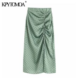 Vintage Elegant Polka Dot Pleated Midi Skirt Women Fashion Elastic Waist Side Zipper Slit Female Skirts Chic Faldas Mujer 210309