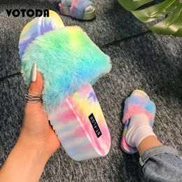 Spring Women Furry Slippers Fluffy Fur Tie Dye Rainbow High Heels Woman Thick Bottom Plush Slides Fashion Cute Flip Flops Shoes Y0731