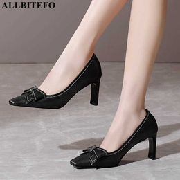 ALLBITEFO Fashion square toe bow design comfortable genuine leather brand high heel shoes women heels party wedding shoes 210611