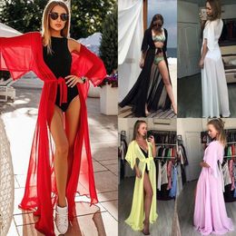 Summer Lady Beach Cover Up Sexy Bikini 2021 Chiffon Long Dress For Women Solid Bathing Suit Tunic Kaftan