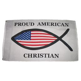 Proud American Christian Fish Flags 3X5FT 100D Polyester Fast Shipping Outdoor Vivid Colour With Two Brass Grommets