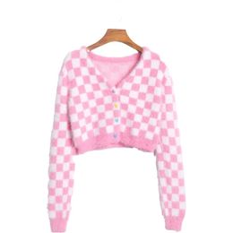 Pink Women Knitted Cardigan Sweaters Long Sleeve V-neck Plaid Crop Tops Casual Outwears Single Breasted Short Coat 210218