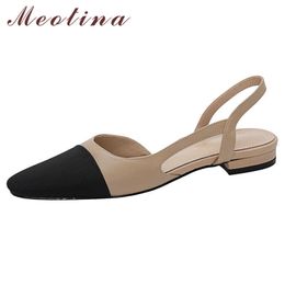 Meotina Women Shoes Genuine Leather Sandals Low Heel Thick Shoes Square Toe Cow Leather Ladies Footwear Summer Apricot 33-43 210608