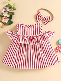 Baby Striped Cold Shoulder Ruffle Trim Dress & Headband SHE