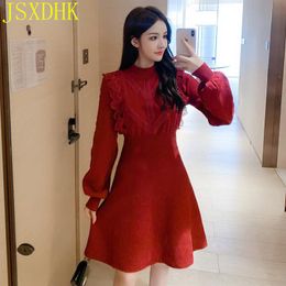 Casual Dresses JSXDHK 2021 Fashion Women Sweater Dress Temperament Solid Lace Patchwork Slim Puff Sleeve Fall Winter Bottoming Knit