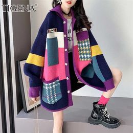 TIGENA Autumn Winter Women Long Cardigan Contrast Print Pocket Button Oversize Sweater Female Street Jacket Coat 211011