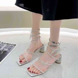 Summer Women's Sandals Fashion Lace-up Sexy Rhinestone Bow Mid-heel Shoes Lace-up Party Breathable Comfortable Sandals