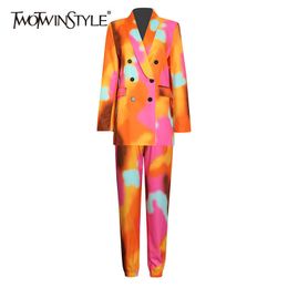 TWOTYLE Tie Dye Casual Set For Women Notched Long Sleeve Blazer High Waist Pants Hit Colour Two Piece Female 210930