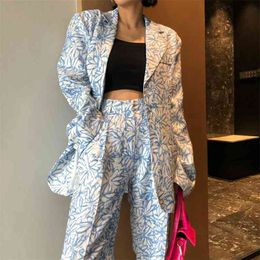 Summer Cotton and Linen Texture Blue Floral Three-dimensional Pleated High Waist Casual Printed Wide-leg Pants Women 210915