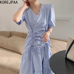 Korejpaa Women Dress Summer Korean Chic Temperament V-Neck Pleated Drawstring Lace Puff Sleeve Irregular Fishtail Vestidos 210526