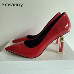 Novelty Lipstick Shape Heel Shoes Woman Custom Colours Thin High Heel Dress Shoes Point Toe Slim 2021 Spring Shallow Pumps Women 210225
