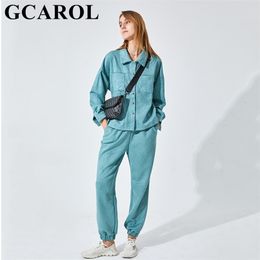 GCAROL Women tracksuits Velvet Jacket And Pants Drop Shoulder Oversized Coat Single-Breasted Elastic Waist Overalls Cargo M,L 211105