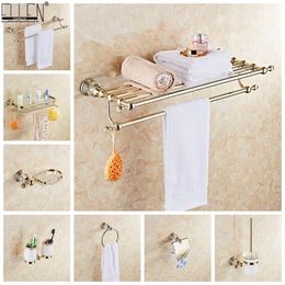 Bathroom Towel Shelf Gold Finished Bath Toilet Paper Holder Robe Hook Towel Rack Holder Tumble Holder Soap Basket ELG85400 T200425