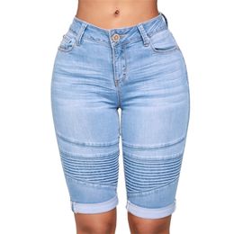 jeans for curvy women NZ - Womens Middle Rise Elastic Denim Shorts Knee Length Curvy Bermuda Stretch Short Jeans 210924