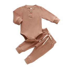 Baby Boys Girls Autumn Clothes Pure Colour Knitted Button Rompers Tops long Pants 2PCS Toddler Infant Baby Clothing Outfit 210309