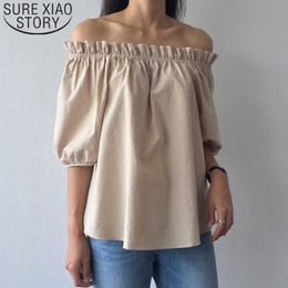 Early Spring and Summer Elegant Korean Solid Color Casual Top Off-shoulder Cotton and Linen Short Sleeve Blouse 8790 50 210527