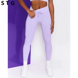 Threaded Yoga Pants Women's High Waist Drawstring Leggings Sweatpants Gym Pants Workout Push Up Leggings Seamless Tights 210929