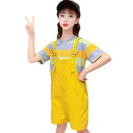 Children Clothes Striped Tshirt + Jumpsuit Girls Clothing Casual Style Kids Summer 6 8 10 12 14 210528