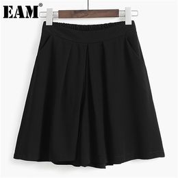 [EAM] Black High Elastic Waist Wide Leg Trousers New Loose Fit Knee Length Pants Women Fashion Tide Spring Summer 2021 1DD8199 Q0801