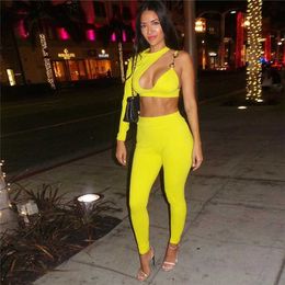 Yellow White Two Piece Set Sexy Night Club Outfits for Women One Shoulder Cut Out Asymmetric Crop Top Pencil Pants Suit Female Y0625