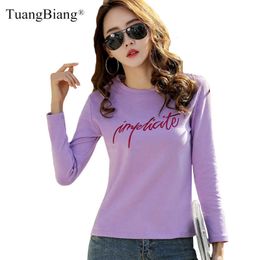 2020 Autumn 3D Letter embroidery Women T-shirts long sleeve cotton Round neck casual T shirt loose Purple White Ladies Soft Tops X0628